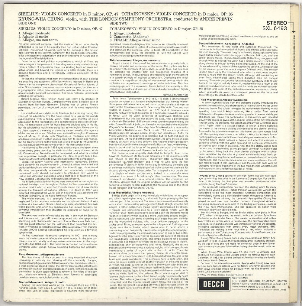 Kyung-Wha Chung Tchaikovsky/Sibelius : Violin Concertos - Stickered Sleeve UK vinyl LP album (LP record)