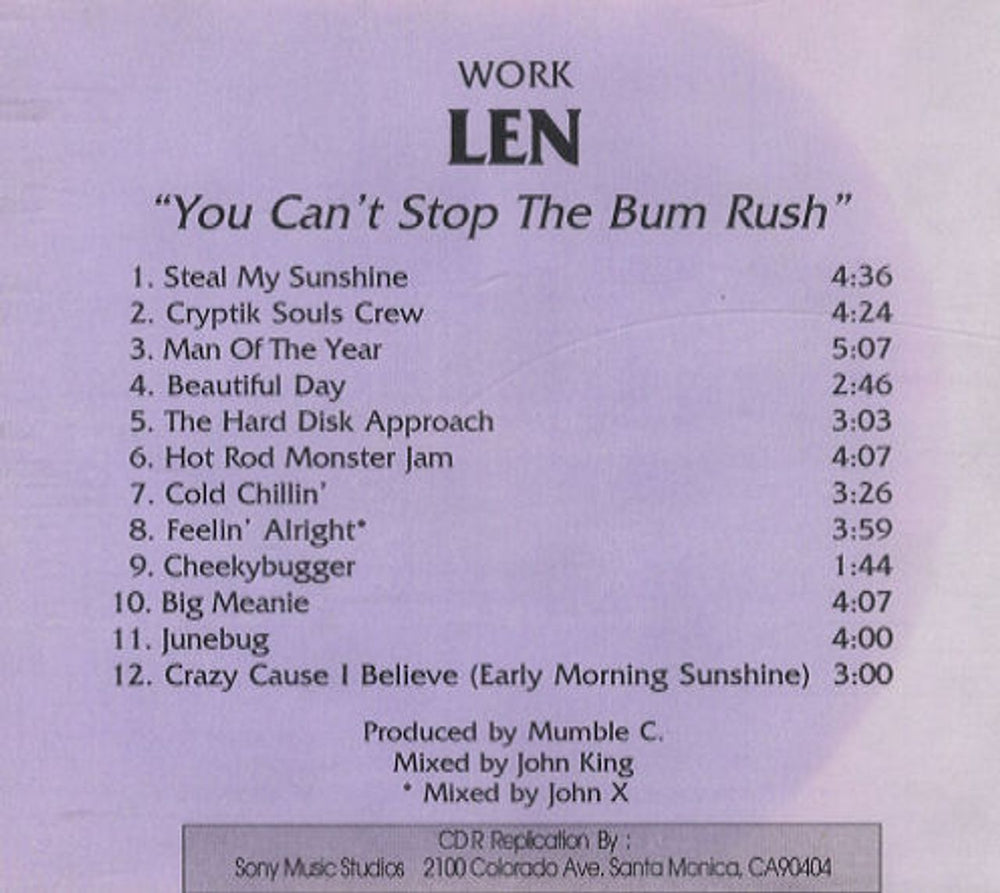 Len You Can't Stop The Bum Rush US Promo CD-R acetate CD ACETATE