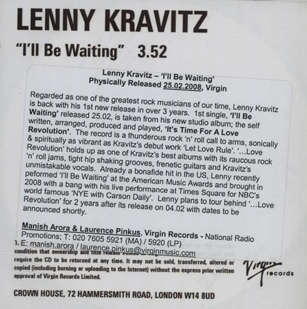 Lenny Kravitz I'll Be Waiting UK Promo CD-R acetate CD-R