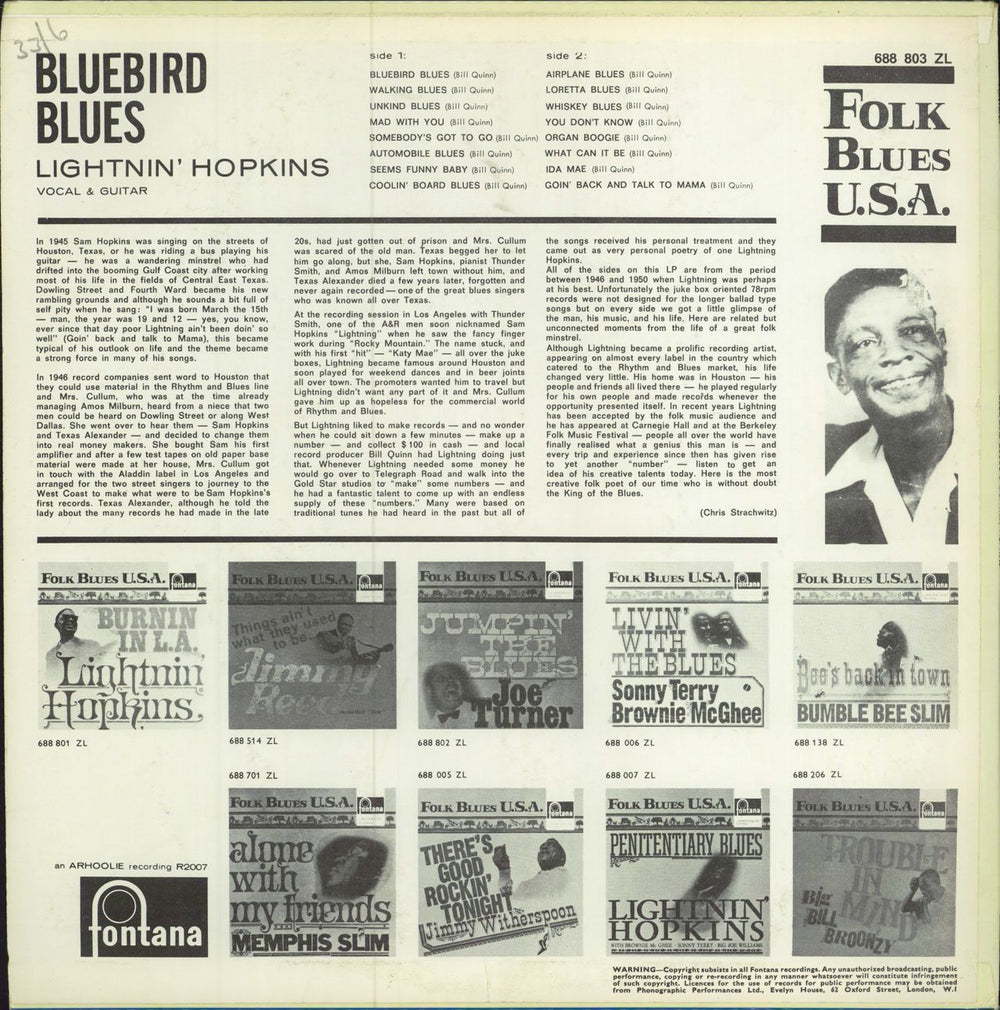 Lightnin' Hopkins Blue Bird Blues - EX UK vinyl LP album (LP record)