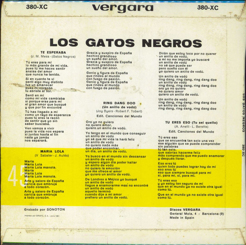 Los Gatos Negros Los Gatos Negros EP Spanish 7" vinyl single (7 inch record / 45)