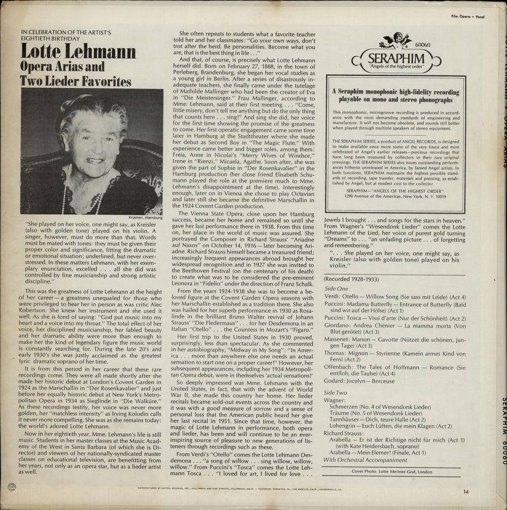 Lotte Lehmann Opera Arias US vinyl LP album (LP record)