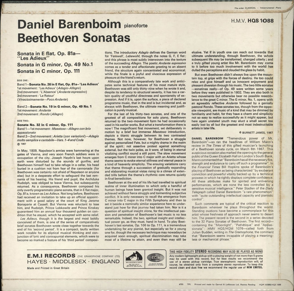 Ludwig Van Beethoven Beethoven Sonatas: No.26 In E Flat Major, Op.81a 'Les Adieux'; No.32 In C Minor, Op.111; No.19 In G UK vinyl LP album (LP record)