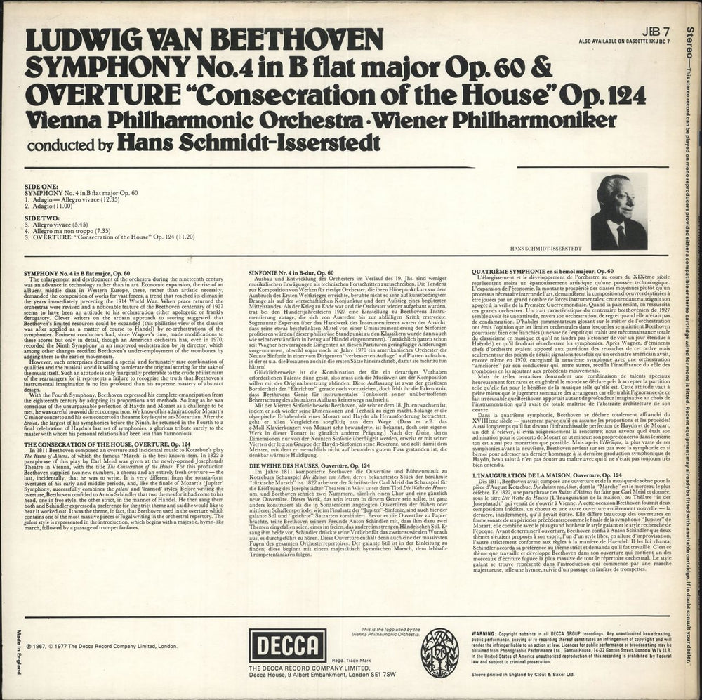 Ludwig Van Beethoven Beethoven: Symphony No.4 in B Flat Major / Overture "Consecration Of The House" UK vinyl LP album (LP record)
