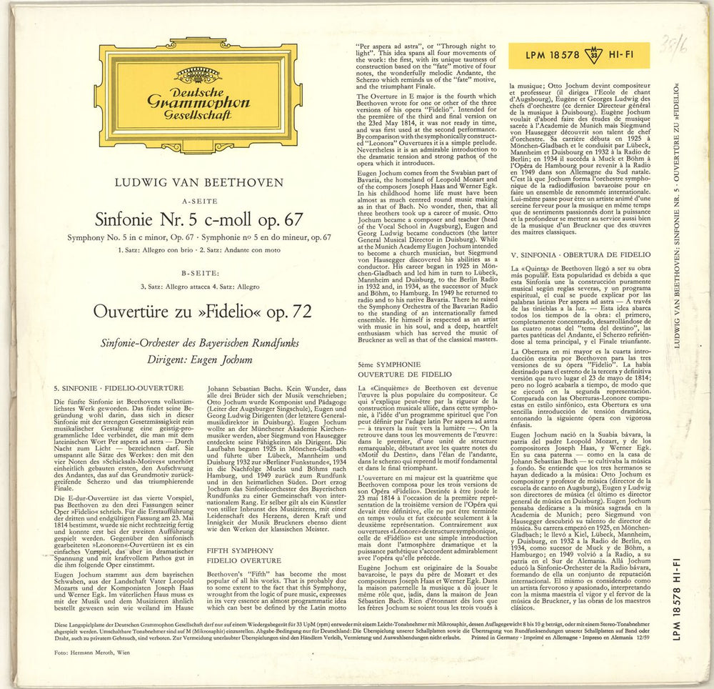 Ludwig Van Beethoven Sinfonie Nr. 5 C-Moll Op.67 / Ouvertüre Zu "Fidelio" German vinyl LP album (LP record)