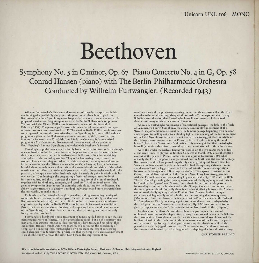 Ludwig Van Beethoven Symphony No. 5 / Piano Concerto No. 4 UK vinyl LP album (LP record)