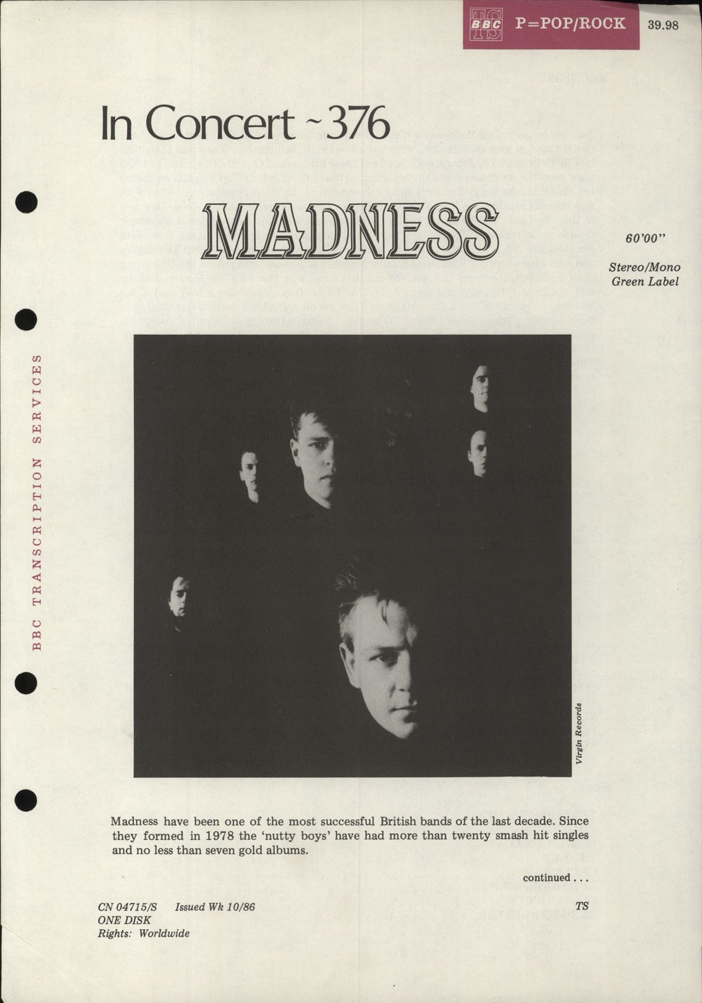 Madness In Concert 376 UK Promo vinyl LP album (LP record)