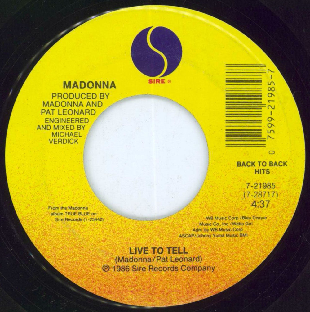 Madonna Live To Tell US 7" vinyl single (7 inch record / 45) 7-21985