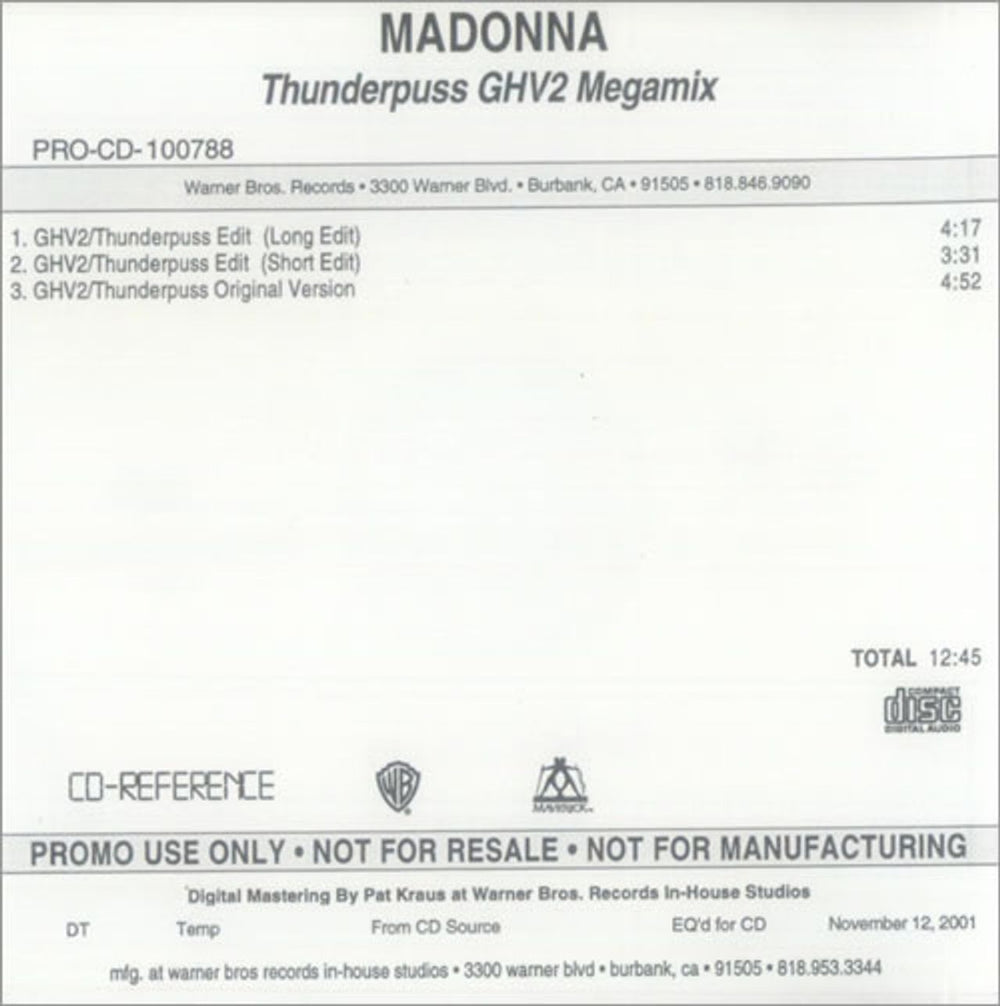 Madonna Thunderpuss GHV2 Megamix US CD-R acetate CD-R ACETATE