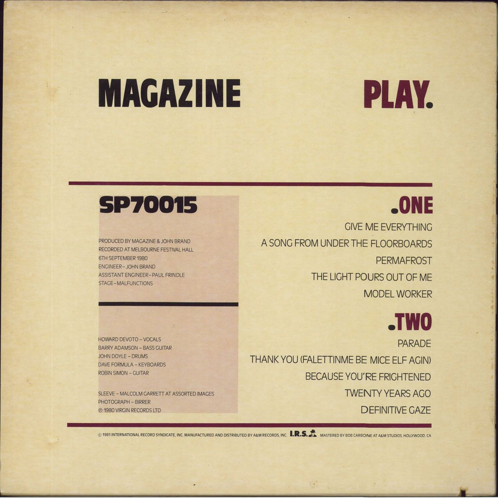 Magazine Play US vinyl LP album (LP record)