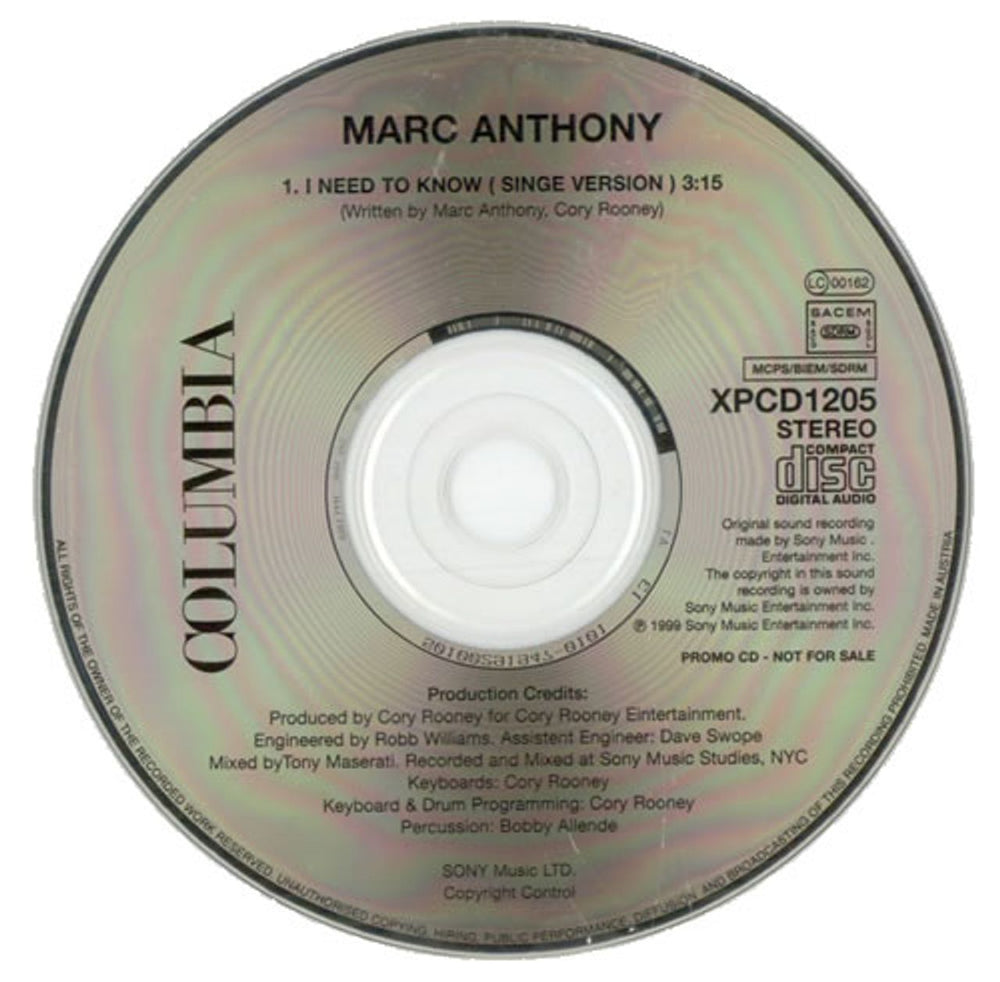 Marc Anthony I Need To Know - Single Version Austrian Promo CD single (CD5 / 5") XPCD1205