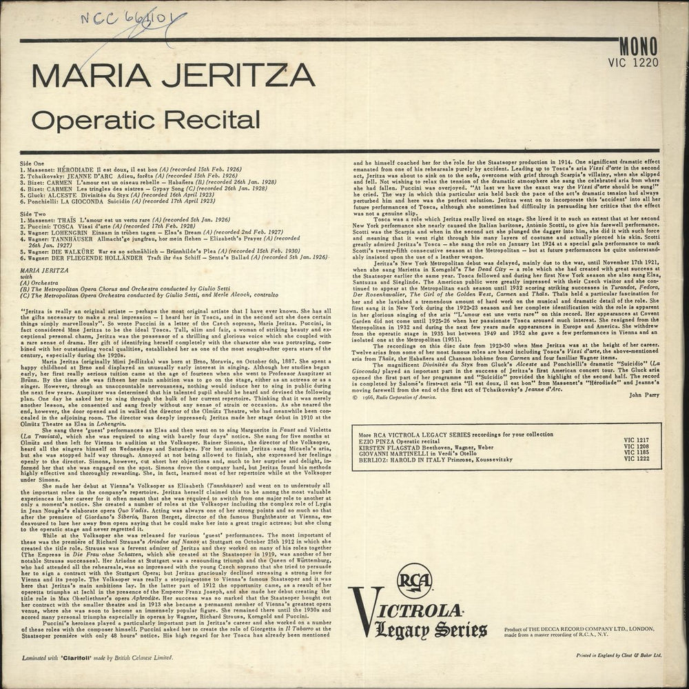 Maria Jeritza Operatic Recital UK vinyl LP album (LP record)