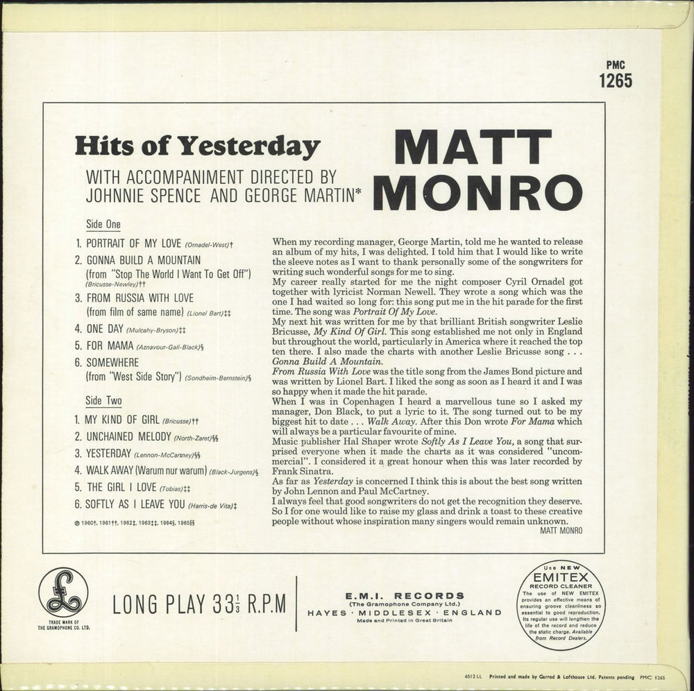 Matt Monro Hits Of Yesterday UK vinyl LP album (LP record)