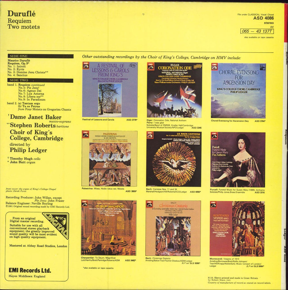 Maurice Duruflé Requiem / Two Motets UK vinyl LP album (LP record)