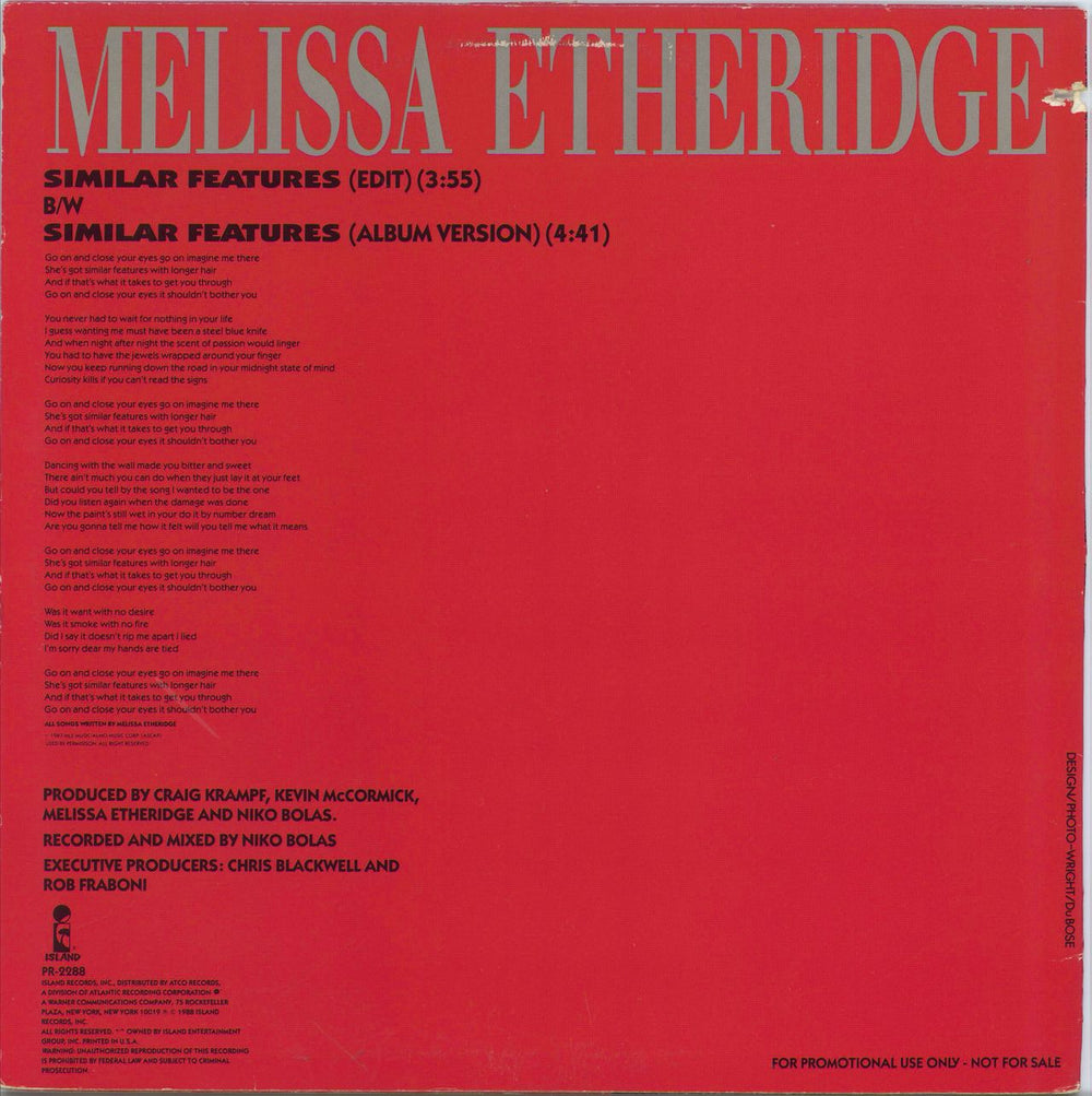 Melissa Etheridge Similar Features US Promo 12" vinyl single (12 inch record / Maxi-single)