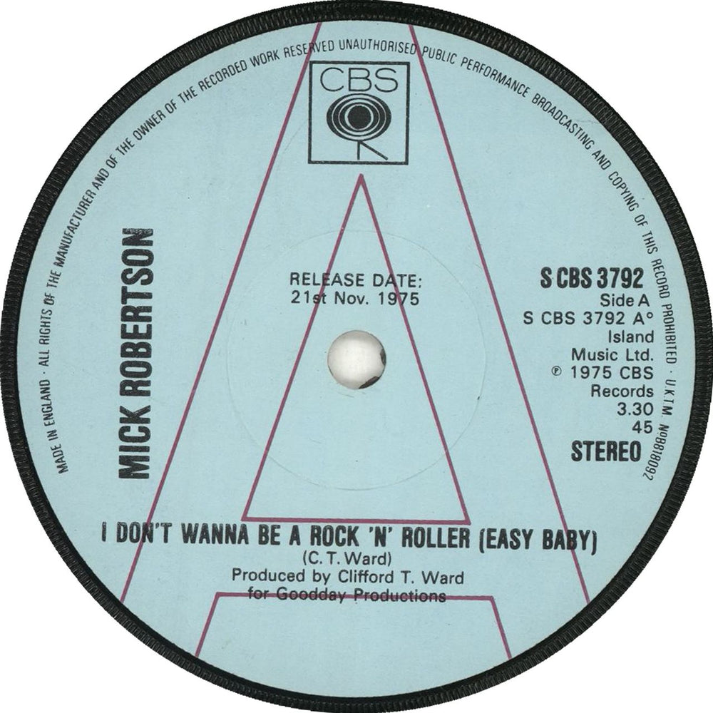 Mick Robertson I Don't Wanna Be A Rock 'N' Roller (Easy Baby) UK Promo 7" vinyl single (7 inch record / 45)