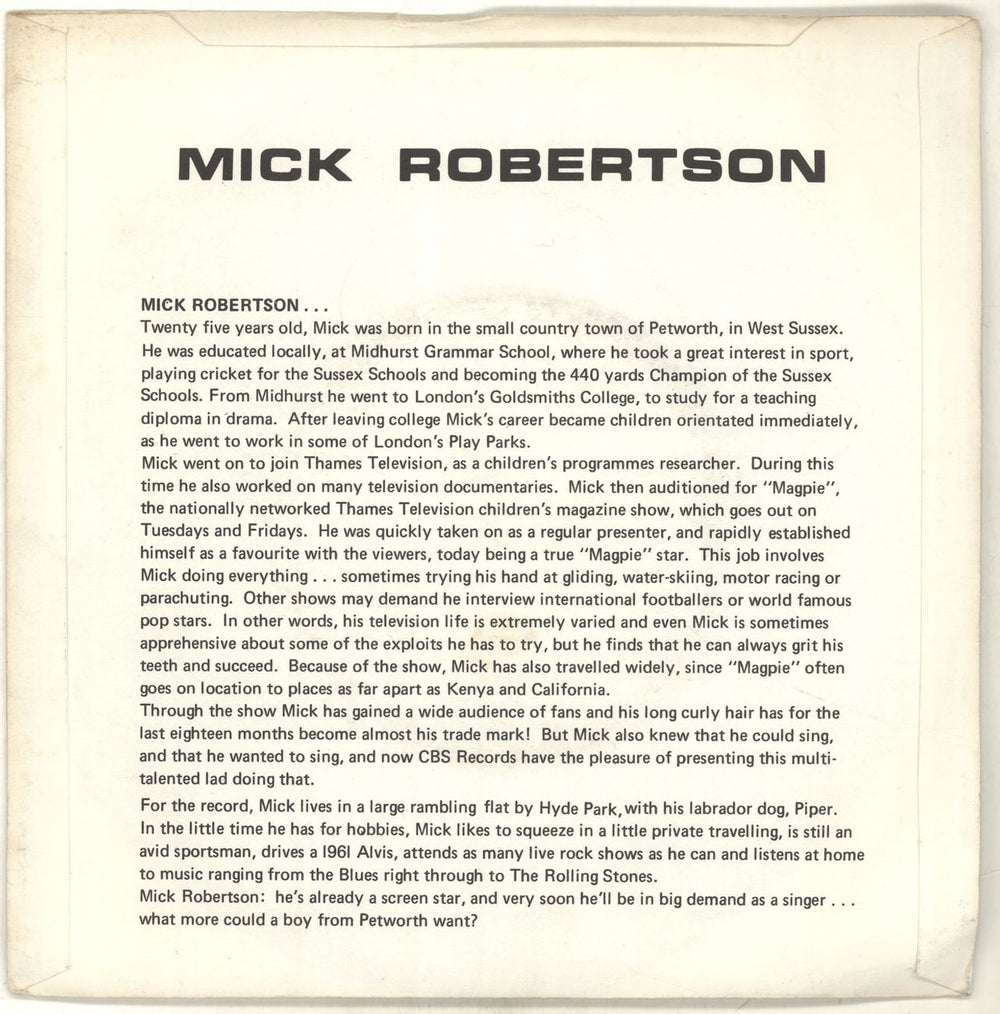 Mick Robertson I Don't Wanna Be A Rock 'N' Roller (Easy Baby) UK Promo 7" vinyl single (7 inch record / 45) NVC07ID702494