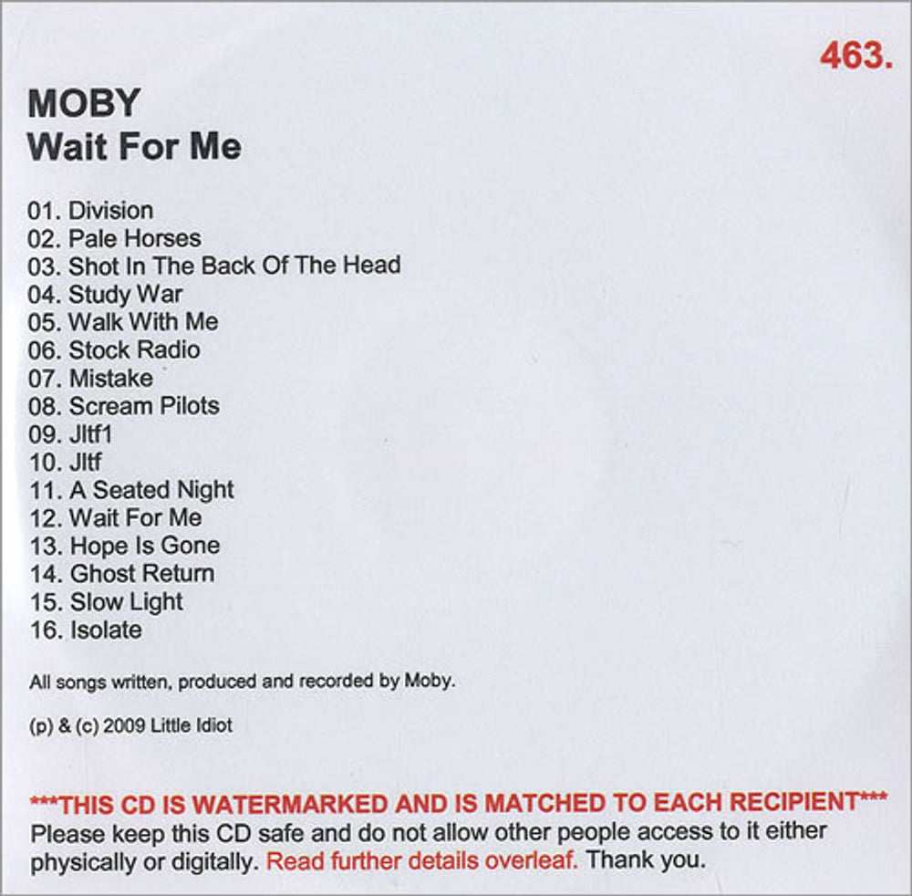 Moby Wait For Me US Promo CD-R acetate CDR ACETATE