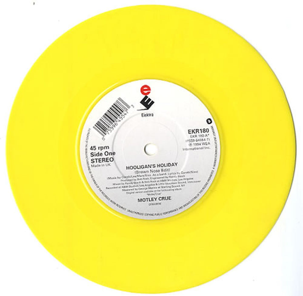 Motley Crue Hooligan's Holiday - Yellow Vinyl UK 7" vinyl single (7 inch record / 45) CRU07HO26750