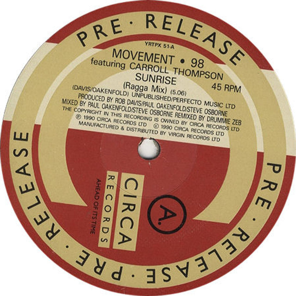 Movement 98 Sunrise UK Promo 12" vinyl single (12 inch record / Maxi-single) YRTPX51