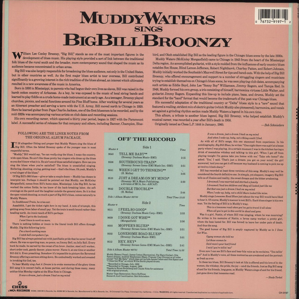 Muddy Waters Muddy Waters Sings Big Bill Broonzy US vinyl LP album (LP record) 084815002510