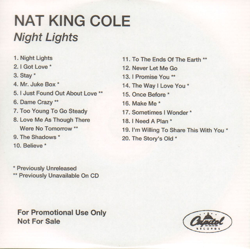 Nat King Cole Night Lights US Promo CD-R acetate CD-R