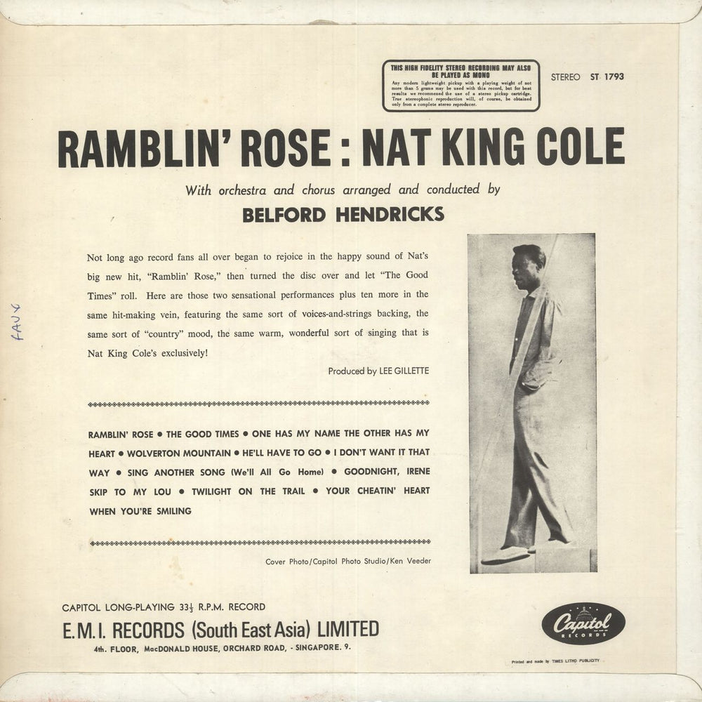 Nat King Cole Ramblin' Rose Hong Kong vinyl LP album (LP record)