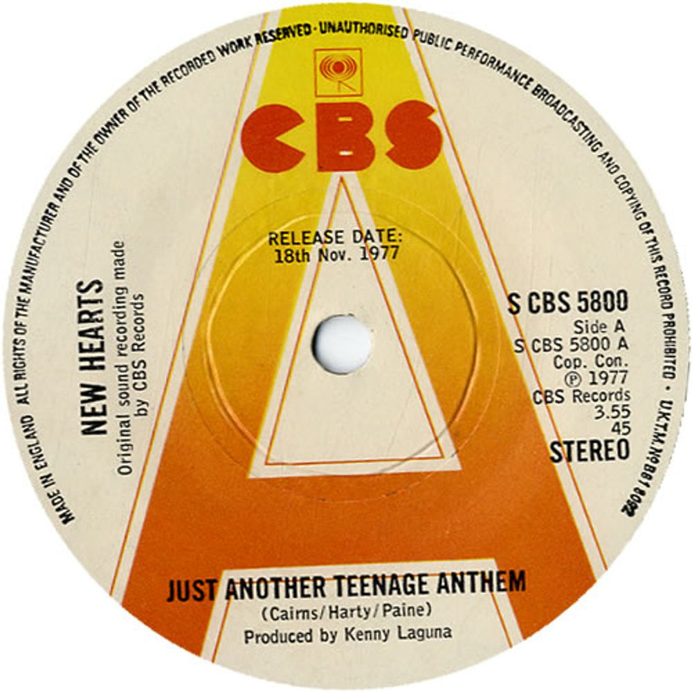 New Hearts Just Another Teenage Anthem - 'A' Label + Sleeve UK Promo 7" vinyl single (7 inch record / 45) NE707JU594716