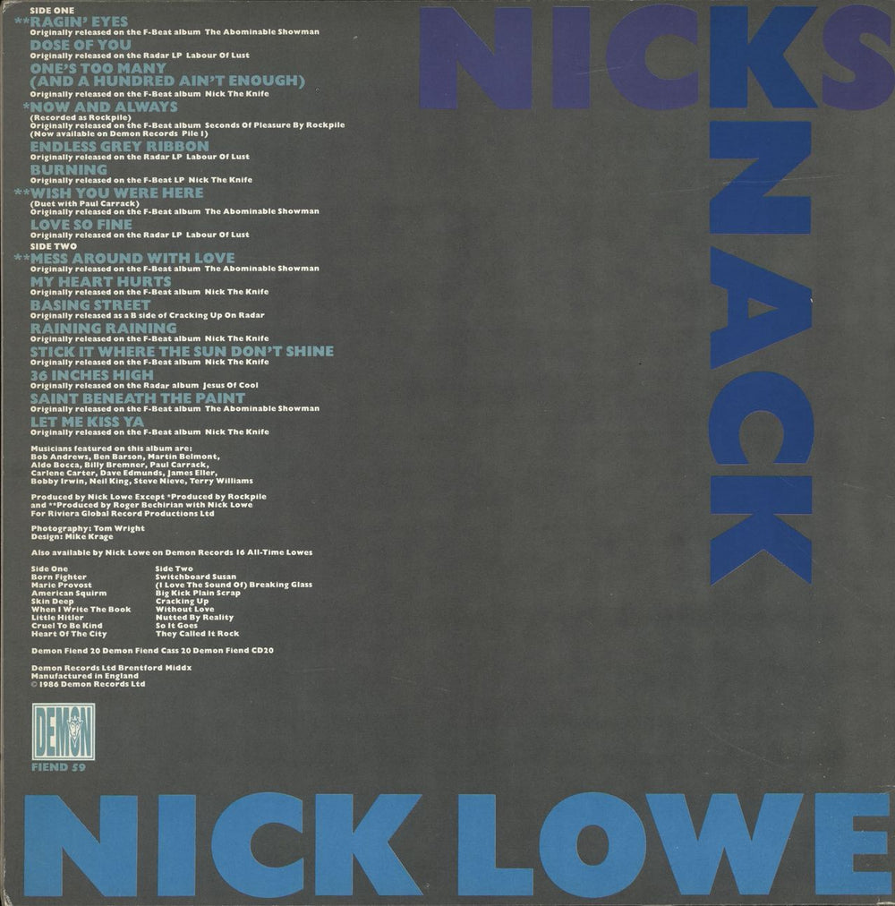 Nick Lowe Nicks Knack UK vinyl LP album (LP record)