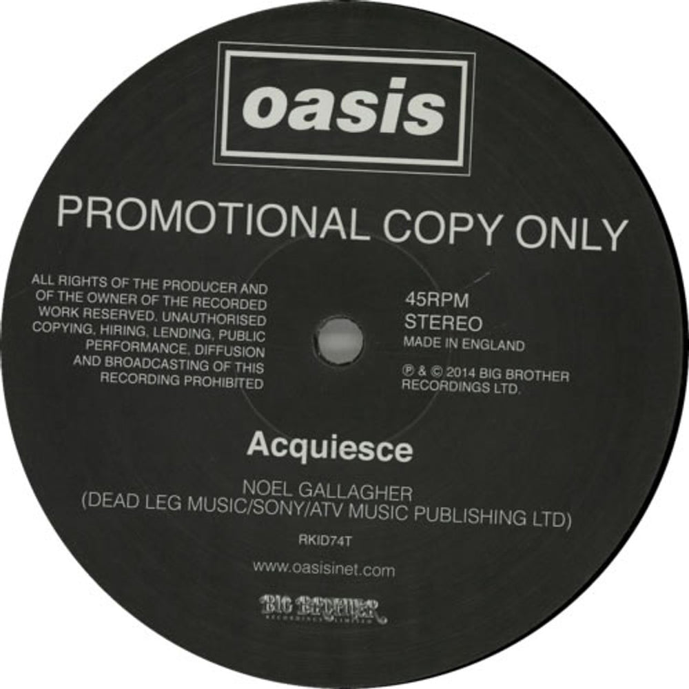 Oasis Acquiesce UK Promo 12" vinyl single (12 inch record / Maxi-single) RKID74T