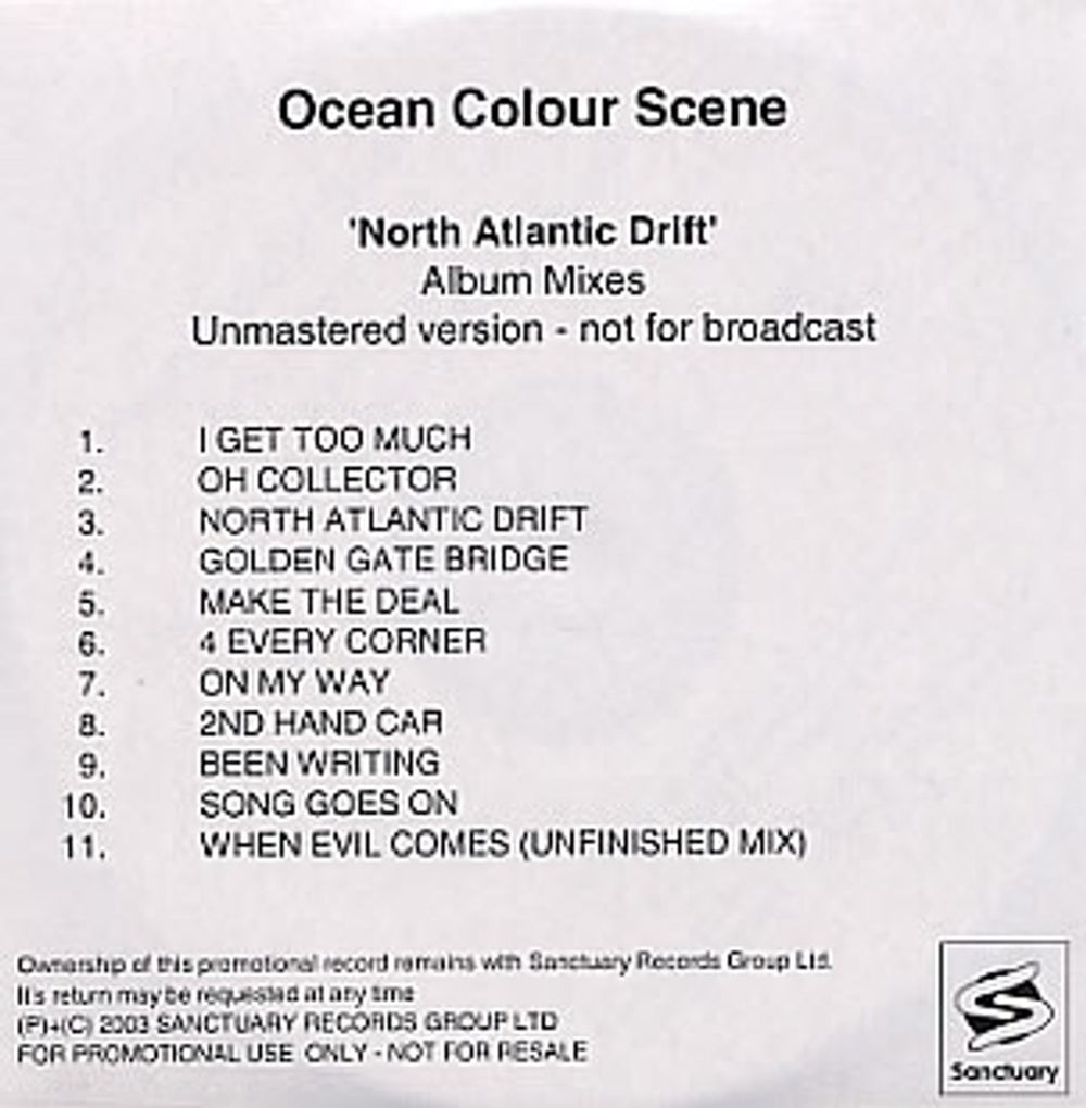 Ocean Colour Scene North Atlantic Drift UK Promo CD-R acetate CD-R ACETATE