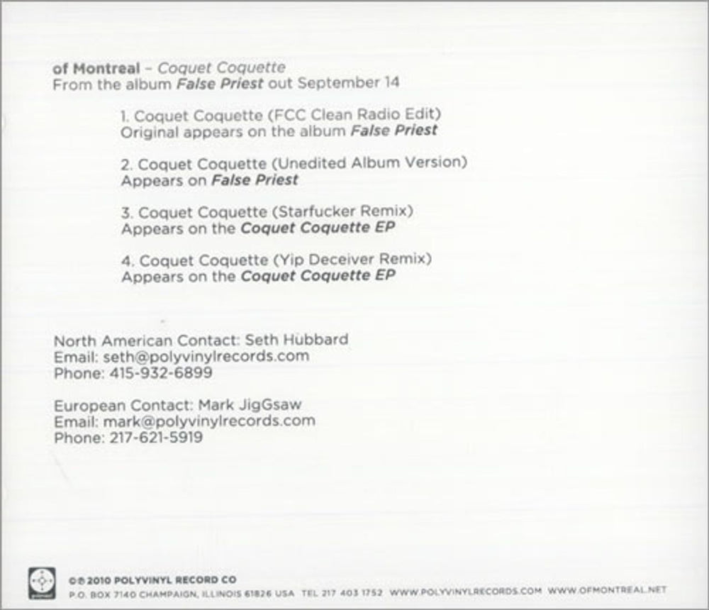 Of Montreal Coquet Coquette US Promo CD single (CD5 / 5") PRC-9090
