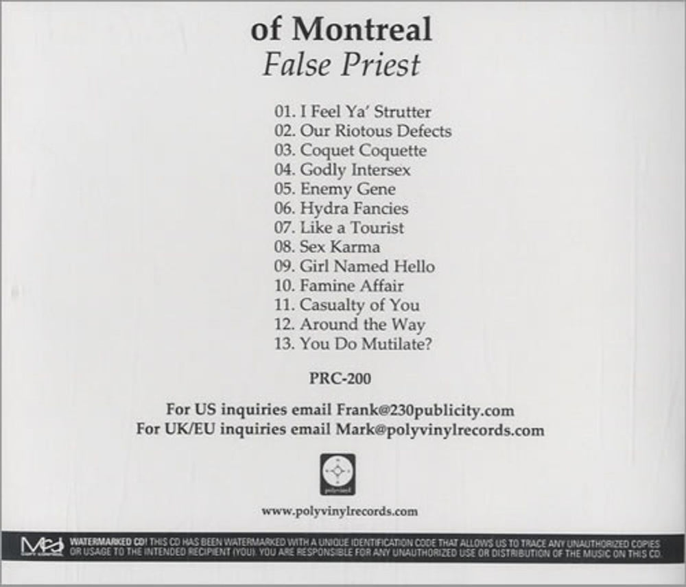 Of Montreal False Priest US Promo CD-R acetate CDR ACETATE