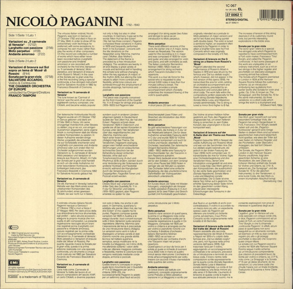 Paganini Accardo Plays Paganini, Volume 1 UK vinyl LP album (LP record)