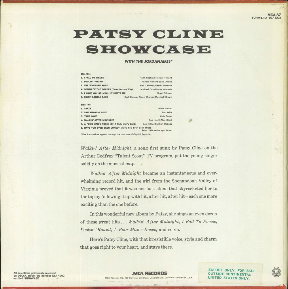 Patsy Cline Showcase US vinyl LP album (LP record)