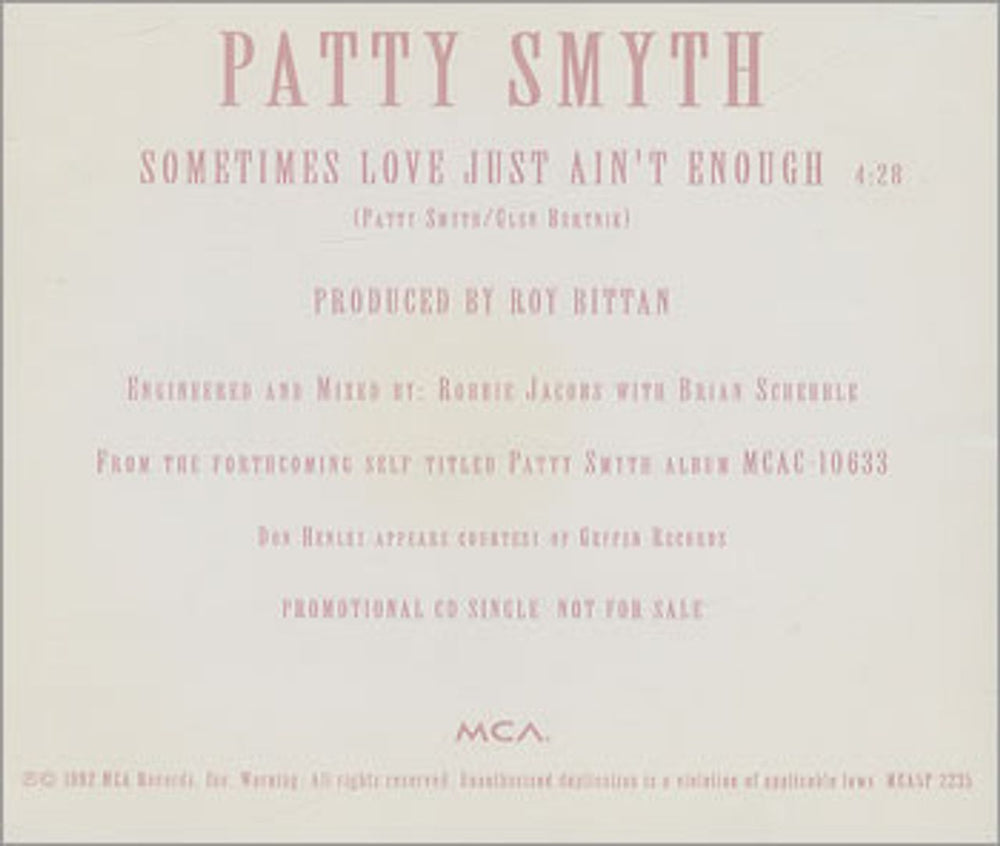 Patty Smyth Sometimes Love Just Ain't Enough US Promo CD single (CD5 / 5") MCA5P-2235