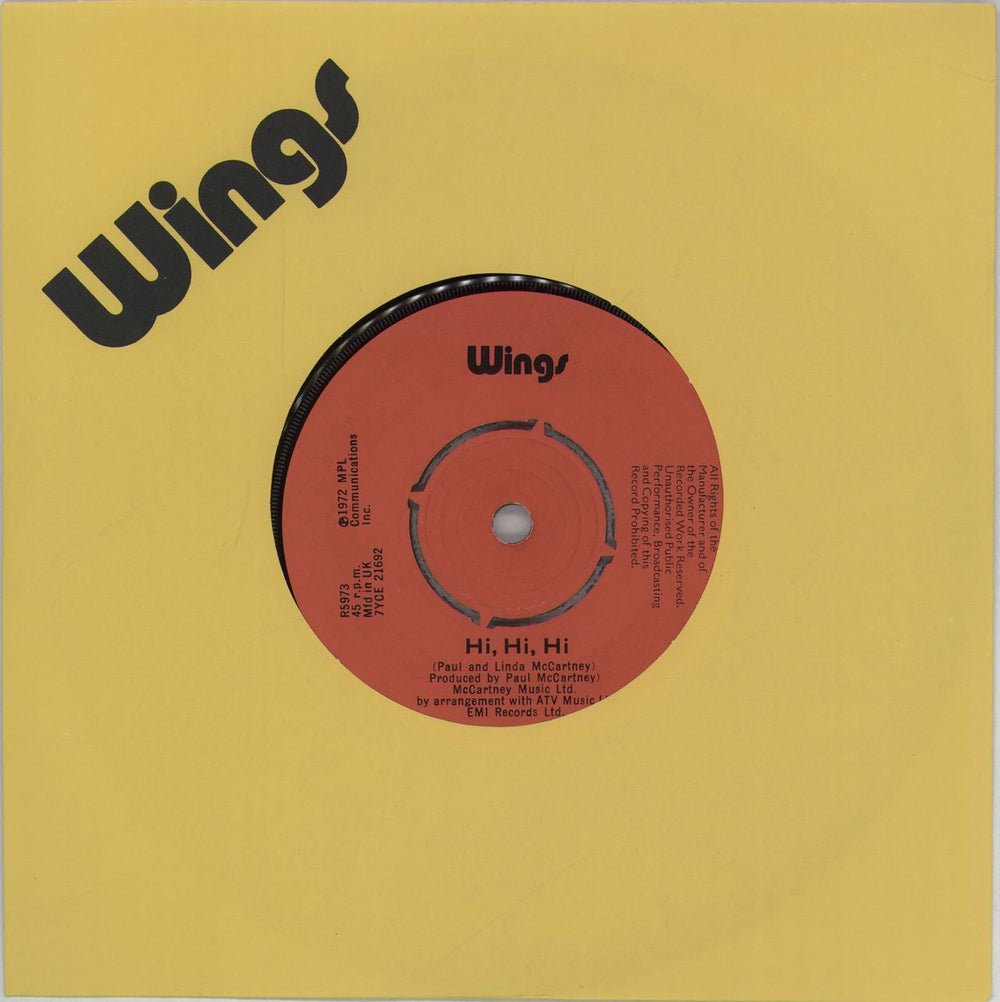 Paul McCartney and Wings Hi, Hi, Hi - 2nd - 4pr UK 7" vinyl single (7 inch record / 45) R5973