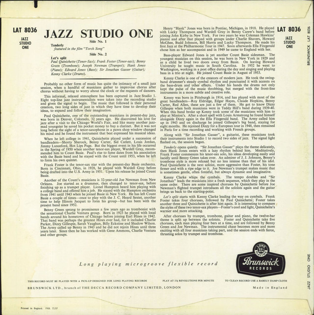 Paul Quinichette Jazz Studio 1 UK vinyl LP album (LP record)