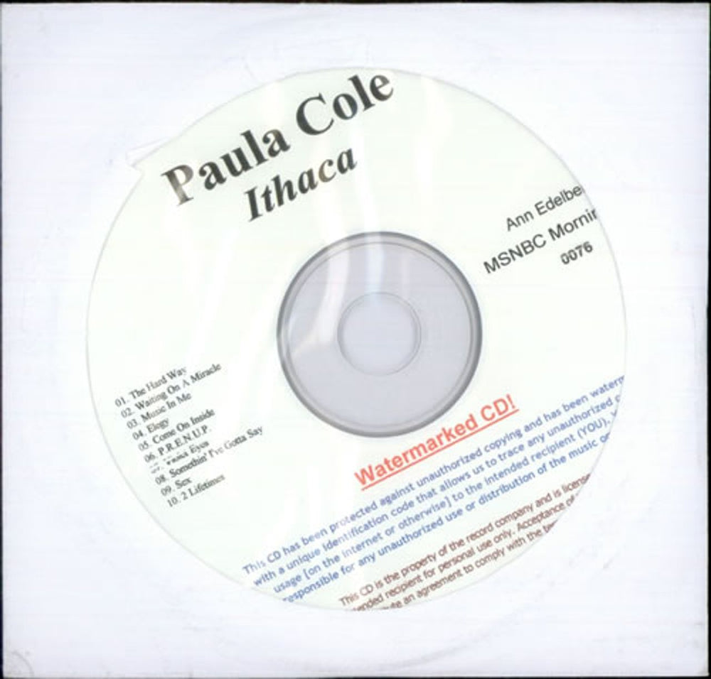 Paula Cole Ithaca US Promo CD-R acetate CD-R ACETATE