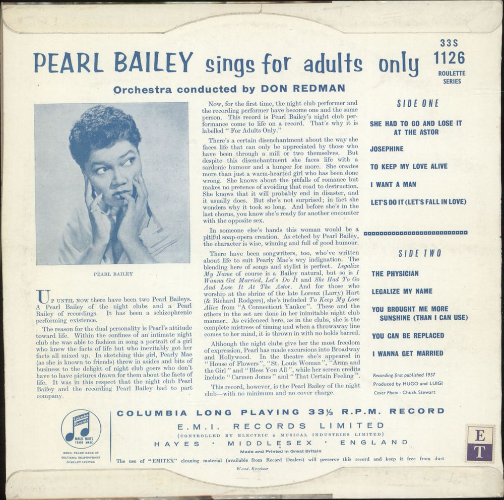 Pearl Bailey Pearl Bailey Sings For Adults Only - Factory Sample UK 10" vinyl single (10 inch record)