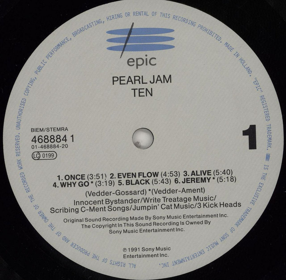 Pearl Jam Ten UK vinyl LP album (LP record) PJALPTE751221