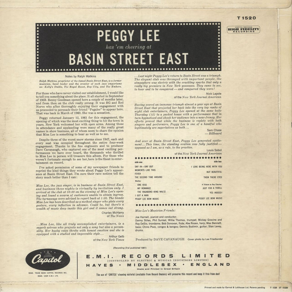 Peggy Lee Basin Street East UK vinyl LP album (LP record)