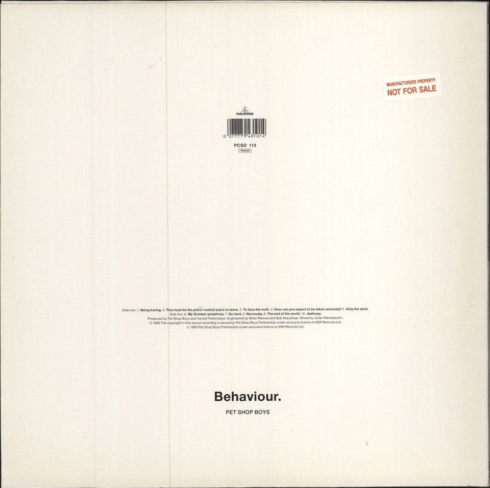 Pet Shop Boys Behaviour - Manufacturers sticker UK vinyl LP album (LP record) 077779431014