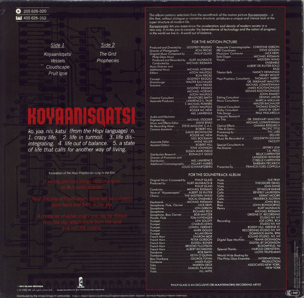 Philip Glass Koyaanisqatsi German vinyl LP album (LP record)