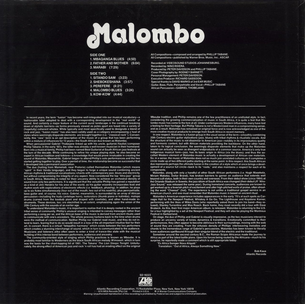 Philip Tabane Malombo US vinyl LP album (LP record)