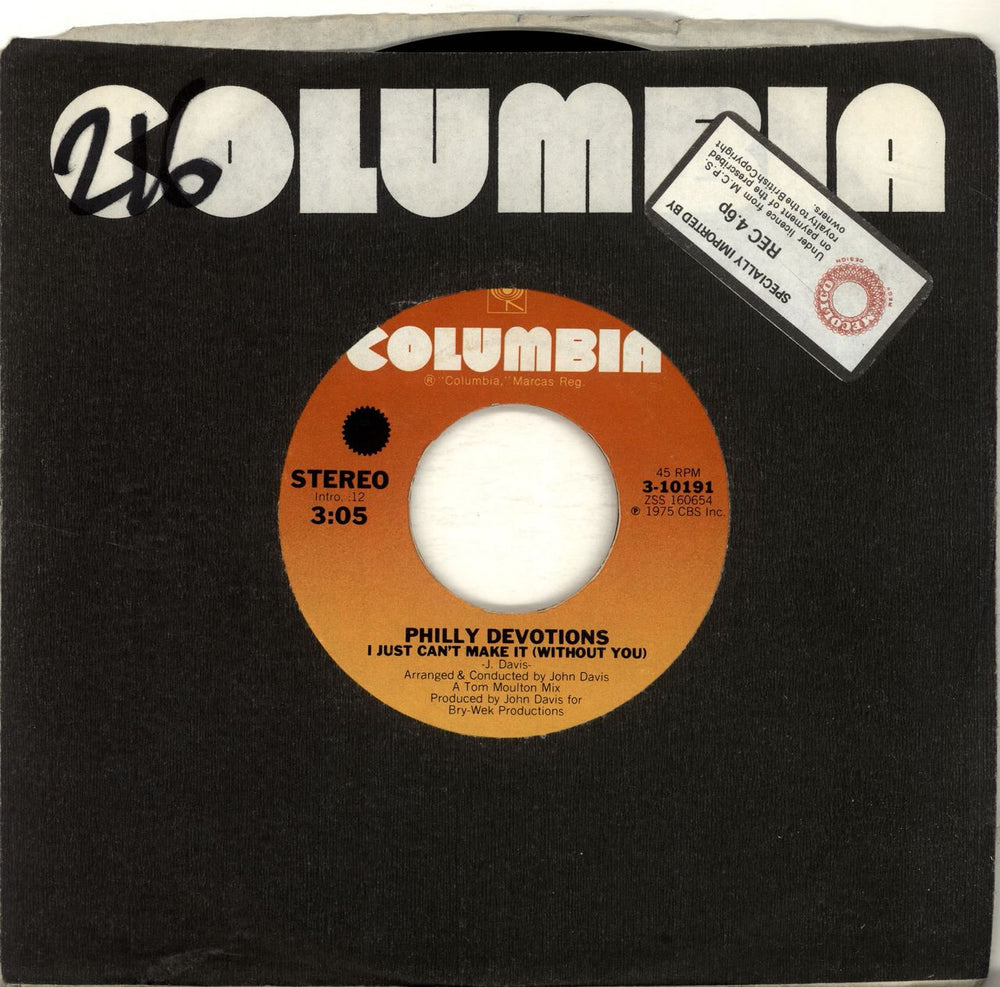 Philly Devotions I Just Can't Make It (Without You) US 7" vinyl single (7 inch record / 45) 3-10191