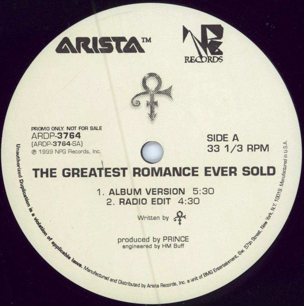 Prince The Greatest Romance Ever Sold US Promo 12" vinyl single (12 inch record / Maxi-single) ARDP-3764