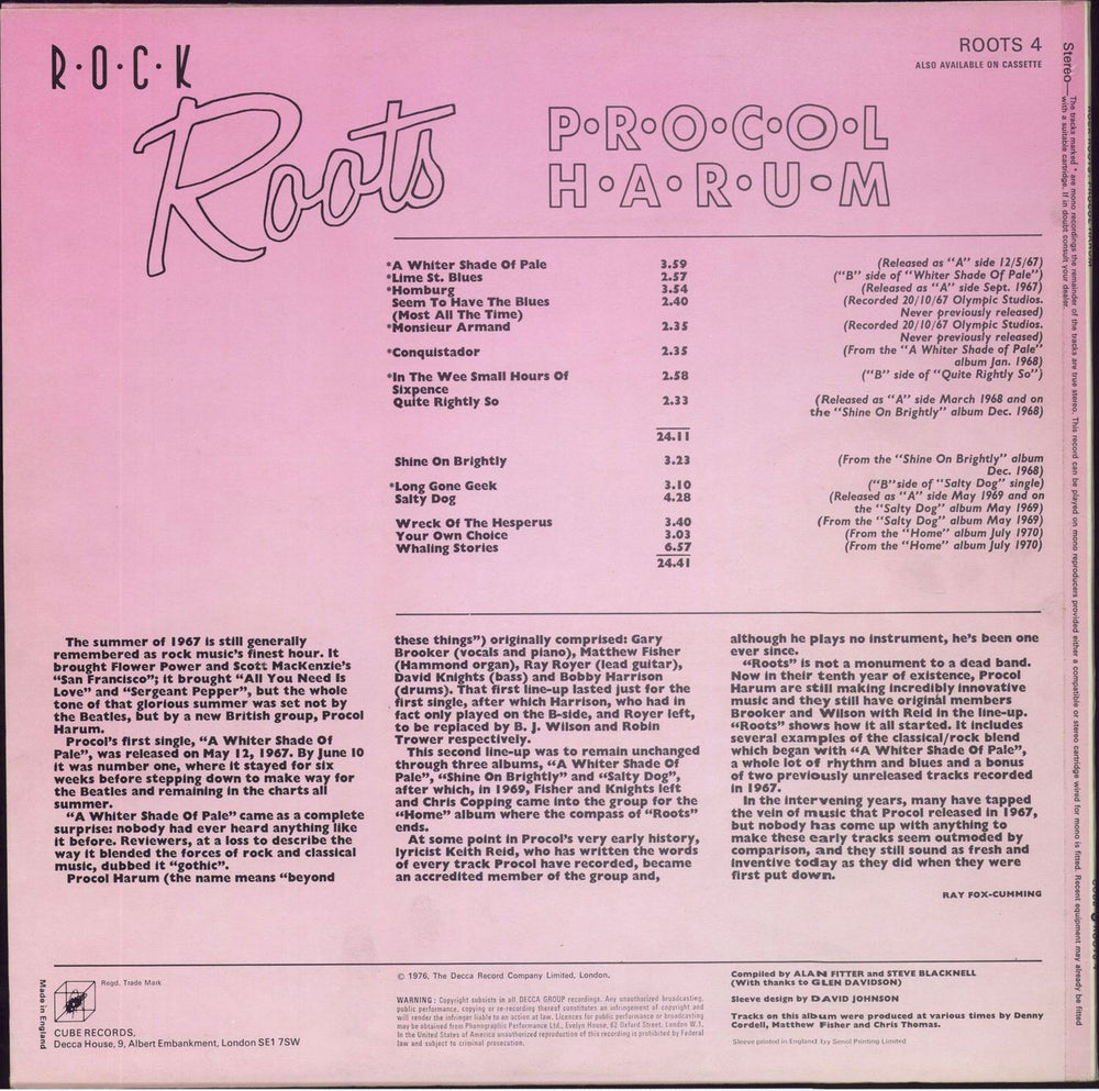 Procol Harum Rock Roots UK vinyl LP album (LP record)