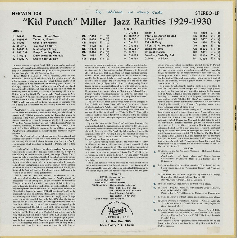 Punch Miller Jazz Rarities 1929-1930 US vinyl LP album (LP record)