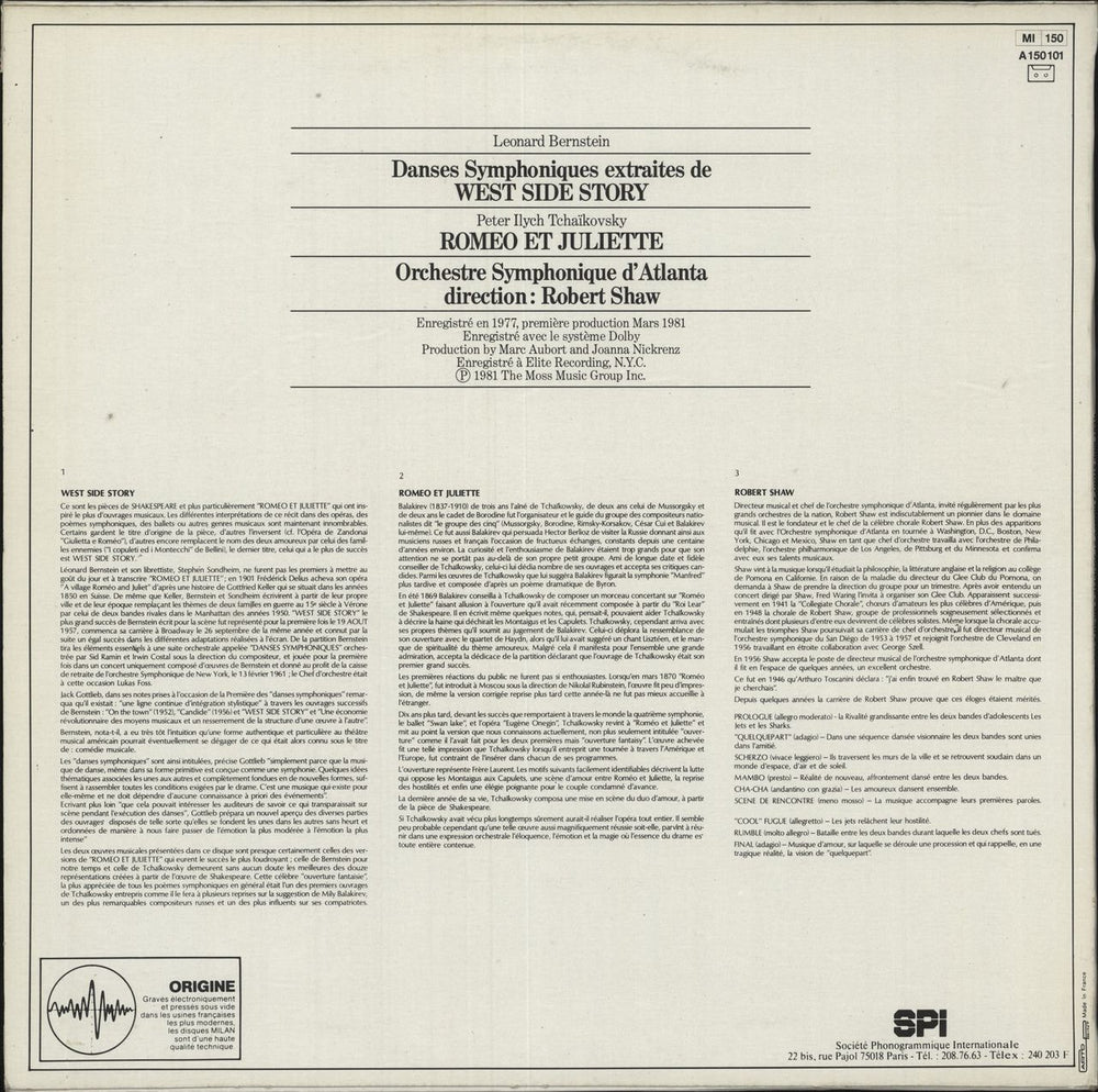 Pyotr Ilyich Tchaikovsky West Side Story/ Romeo And Juliet French vinyl LP album (LP record)